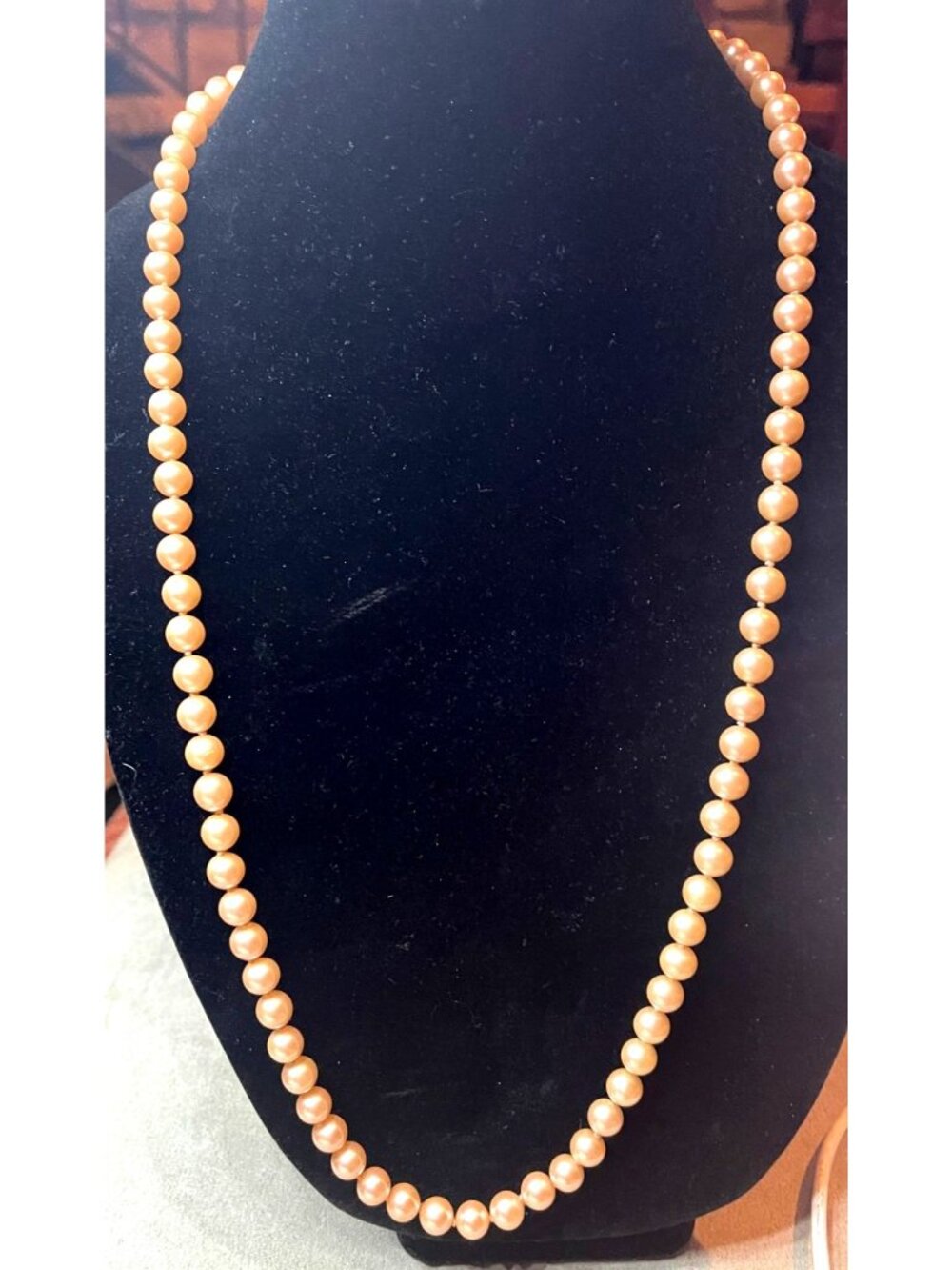 Vintage 50s Signed Japan Peach Pink Glass Pearl Necklace Hand Knotted Gold Tone